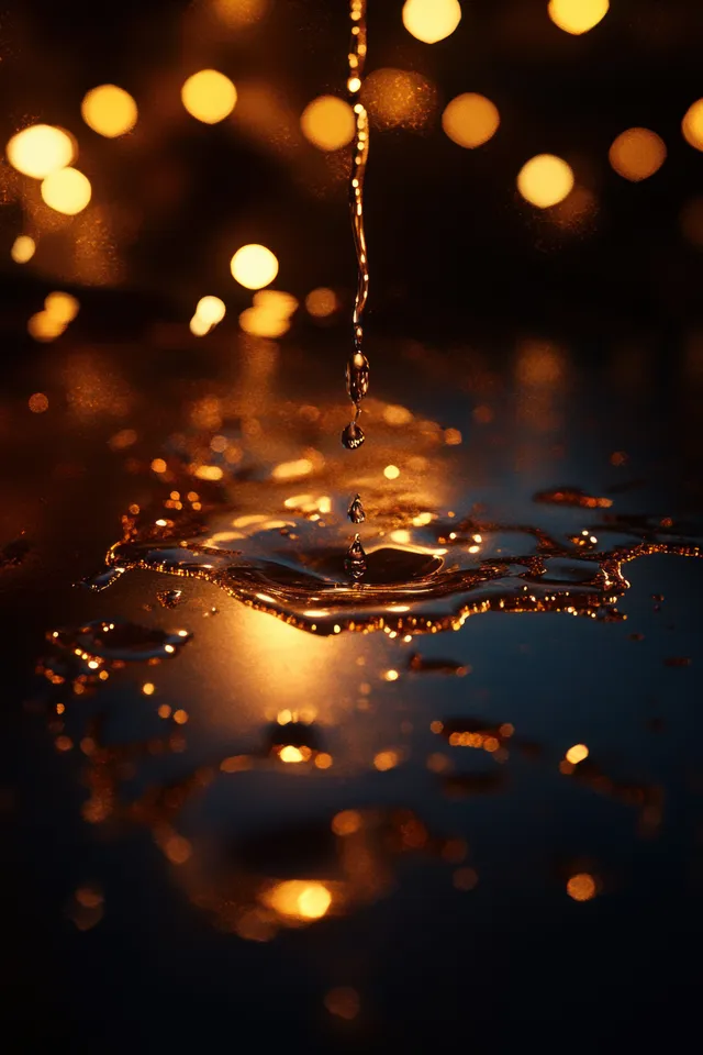 Water droplets fall onto a dark reflective surface, forming ripples with warm bokeh lights in the background.