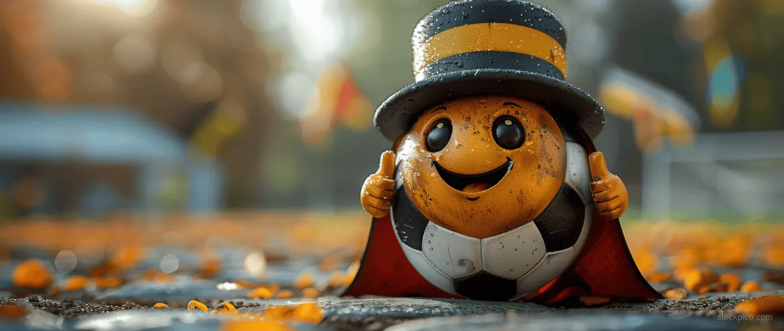 Smiling soccer ball mascot in a German flag cape and top hat gives a thumbs up on a blurry outdoor street.