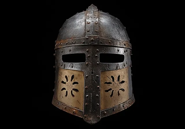 Front view of a weathered medieval iron helmet with rivets and decorative cutouts isolated on a black background.