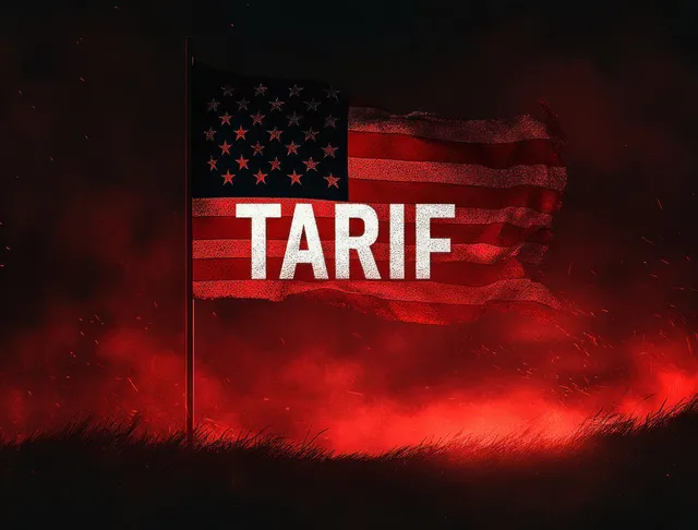 An American flag with TARIF text waves against a dark red smoky background over grass.