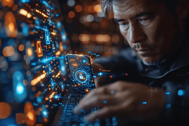 A person types on a laptop while a holographic encryption lock overlays glowing network data on screens.