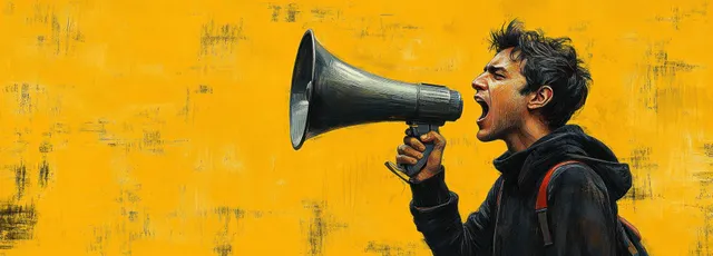 Man shouting into a megaphone against a textured yellow wall, bold street protest energy