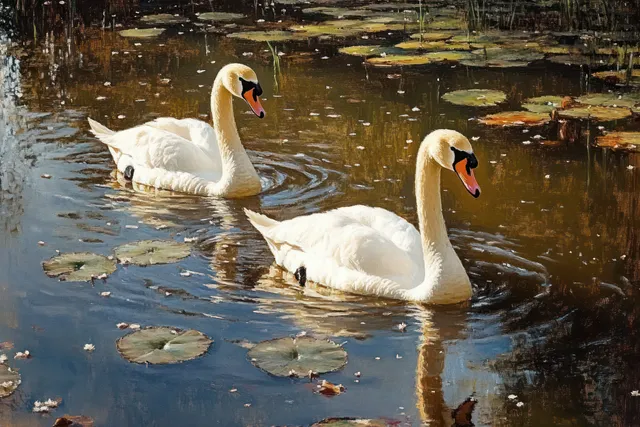 Two white swans swim on a pond with green lily pads and visible reflections on the calm water.