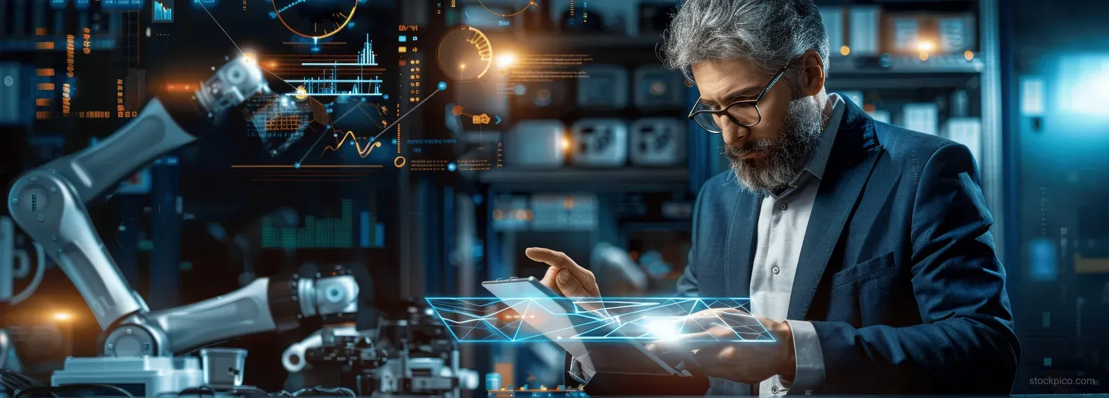 A robotics engineer uses a tablet beside a robotic arm as holographic factory interface graphics glow in the workshop.