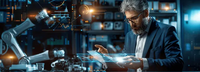 A robotics engineer uses a tablet beside a robotic arm as holographic factory interface graphics glow in the workshop.