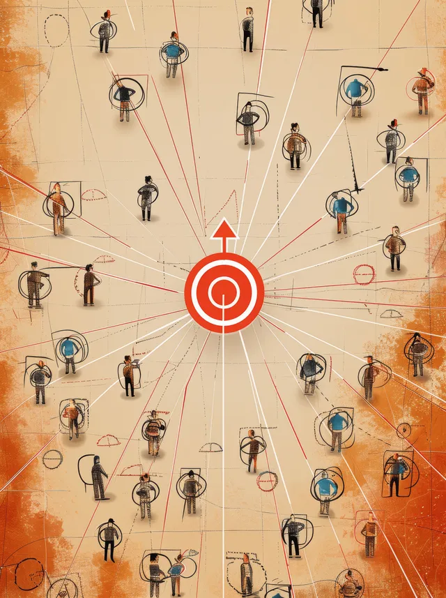Red dartboard target and arrows connect illustrated people figures across a peach background.