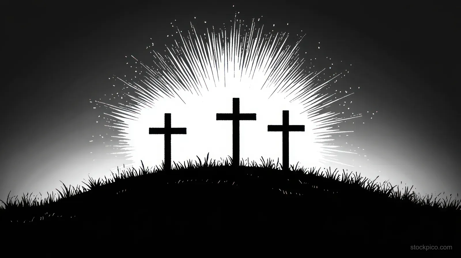 Three silhouetted crosses on a grassy hill with bright light rays glowing behind them in the twilight sky.