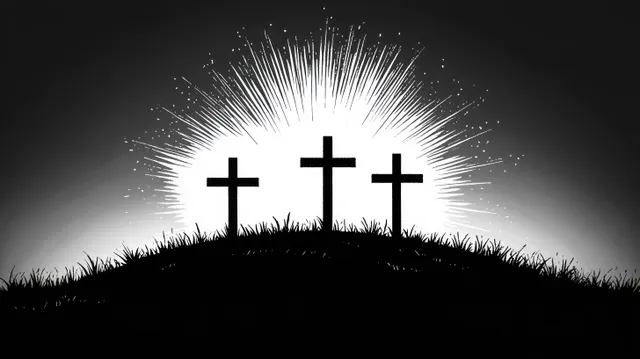 Three silhouetted crosses on a grassy hill with bright light rays glowing behind them in the twilight sky.