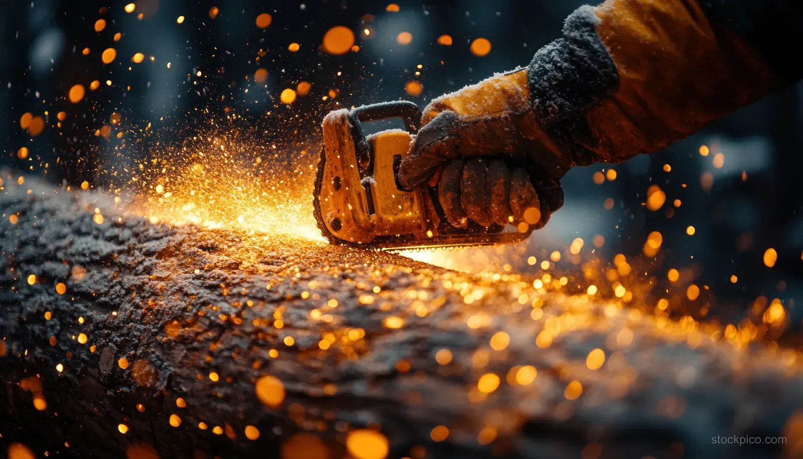 A gloved worker cuts a log with a running chainsaw as sparks and sawdust fly in dramatic forest light.