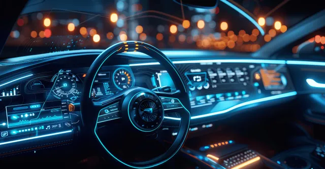 Futuristic electric car dashboard with holographic HUD and neon-lit digital screens surrounding the steering wheel at night.