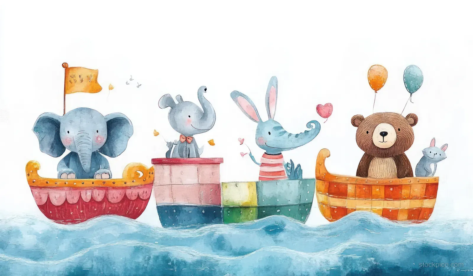 Cute elephant, rabbit, and bear animals float on colorful sailboats over blue ocean waves with balloons.