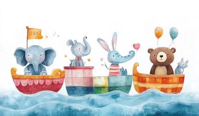 Elephant, rabbit, and bear sail together on colorful watercolor boats