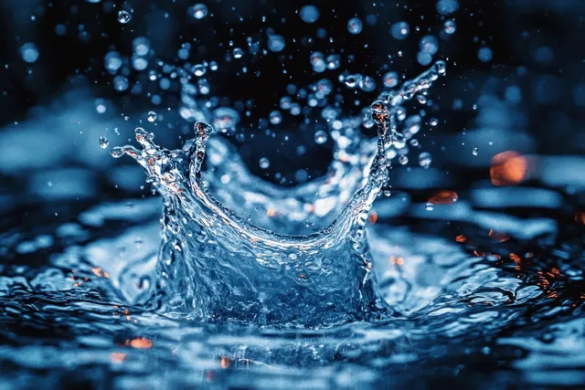 Droplets frozen mid-air splash above a wet water surface with blue and orange light reflections.