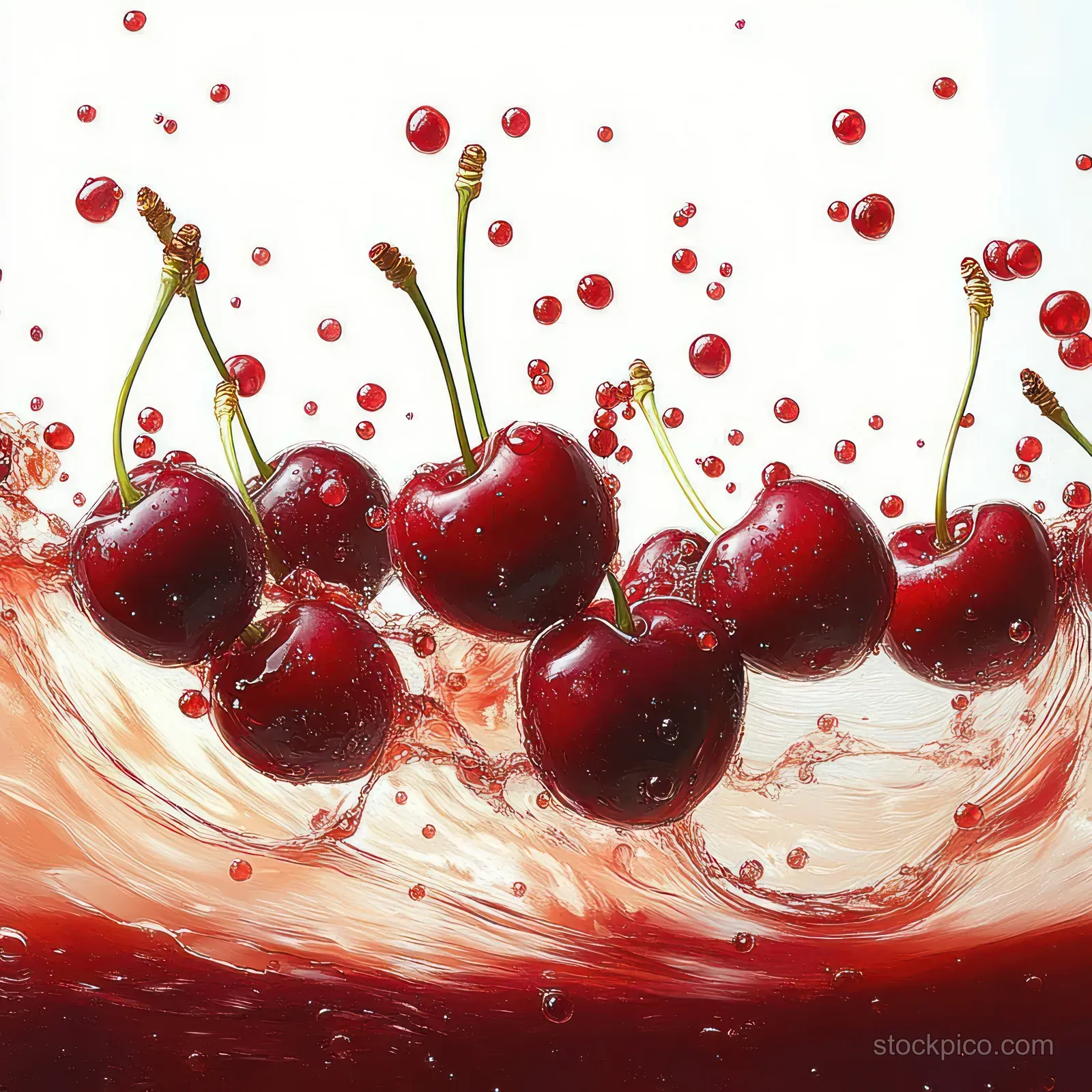 Cherry juice splash with red cherries and green leaves surrounded by droplets on a white background.