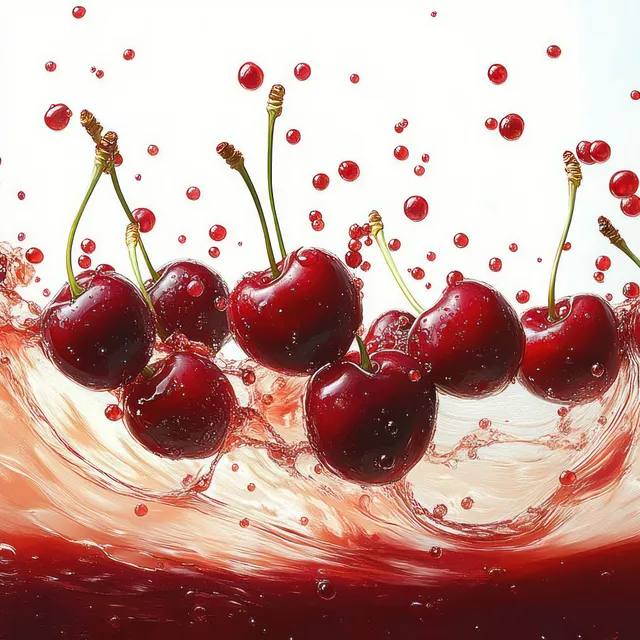 Cherry juice splash with whole cherries and green leaves on clean white background with Fruit Splashes