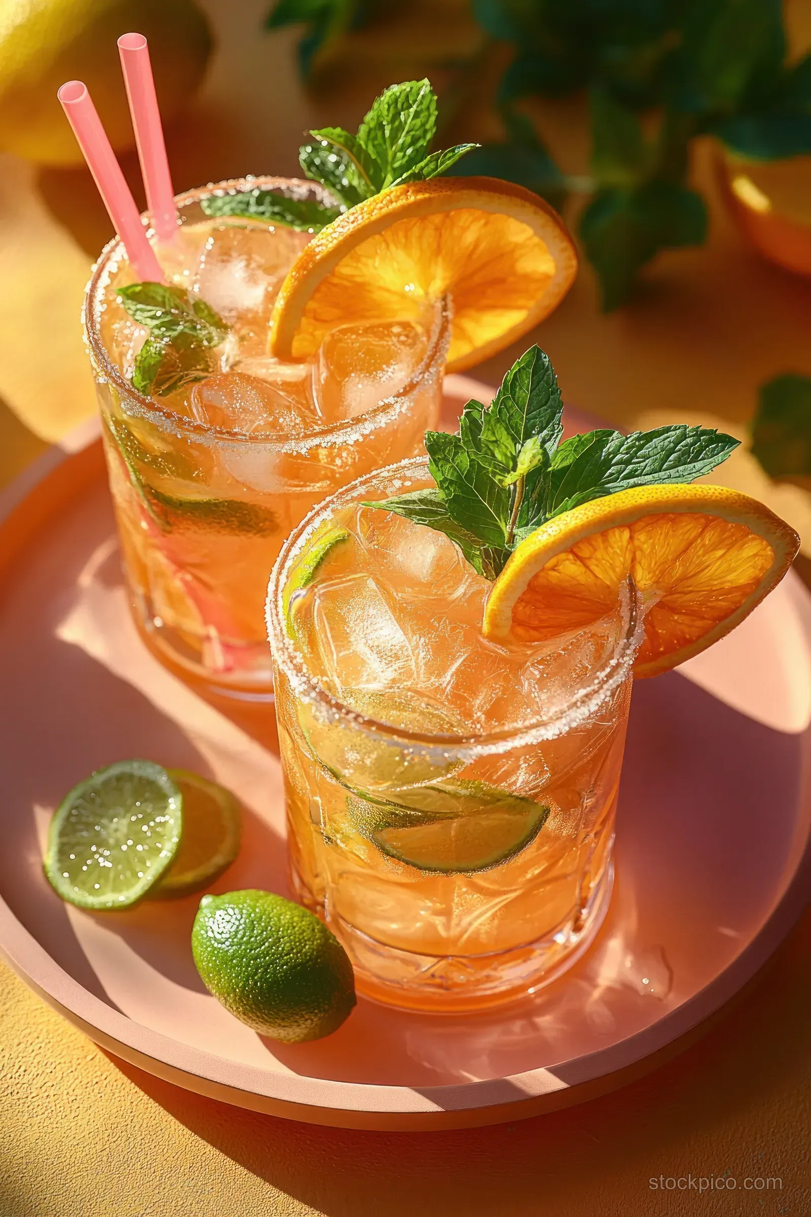 Two iced citrus drinks with lime slices and orange wedges topped with mint leaves on a pastel pink tray.