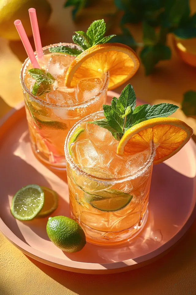 Two iced citrus drinks with lime slices and orange wedges topped with mint leaves on a pastel pink tray.