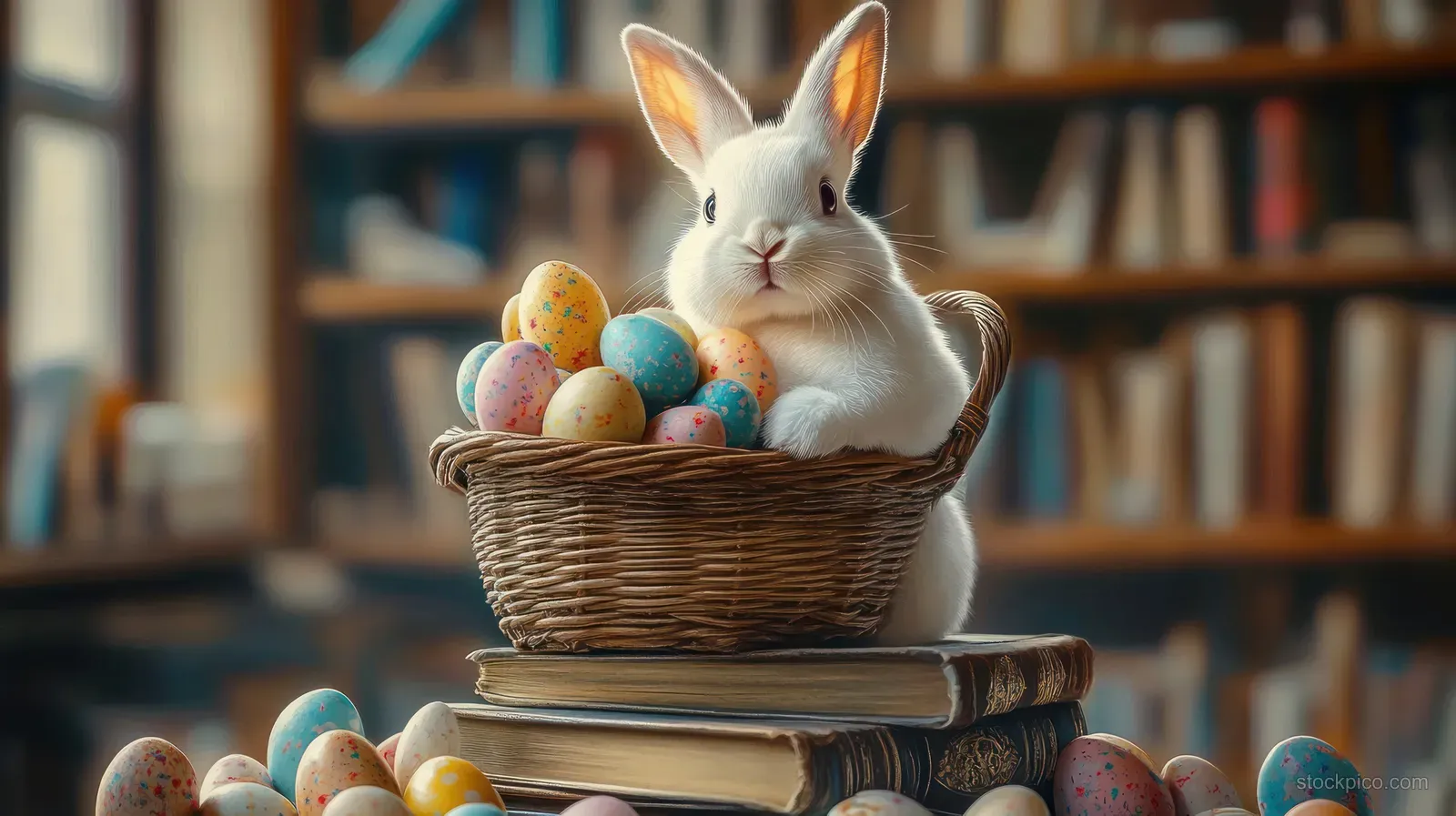 White rabbit sits in a wicker basket of colorful speckled eggs on stacked books in a softly lit library.