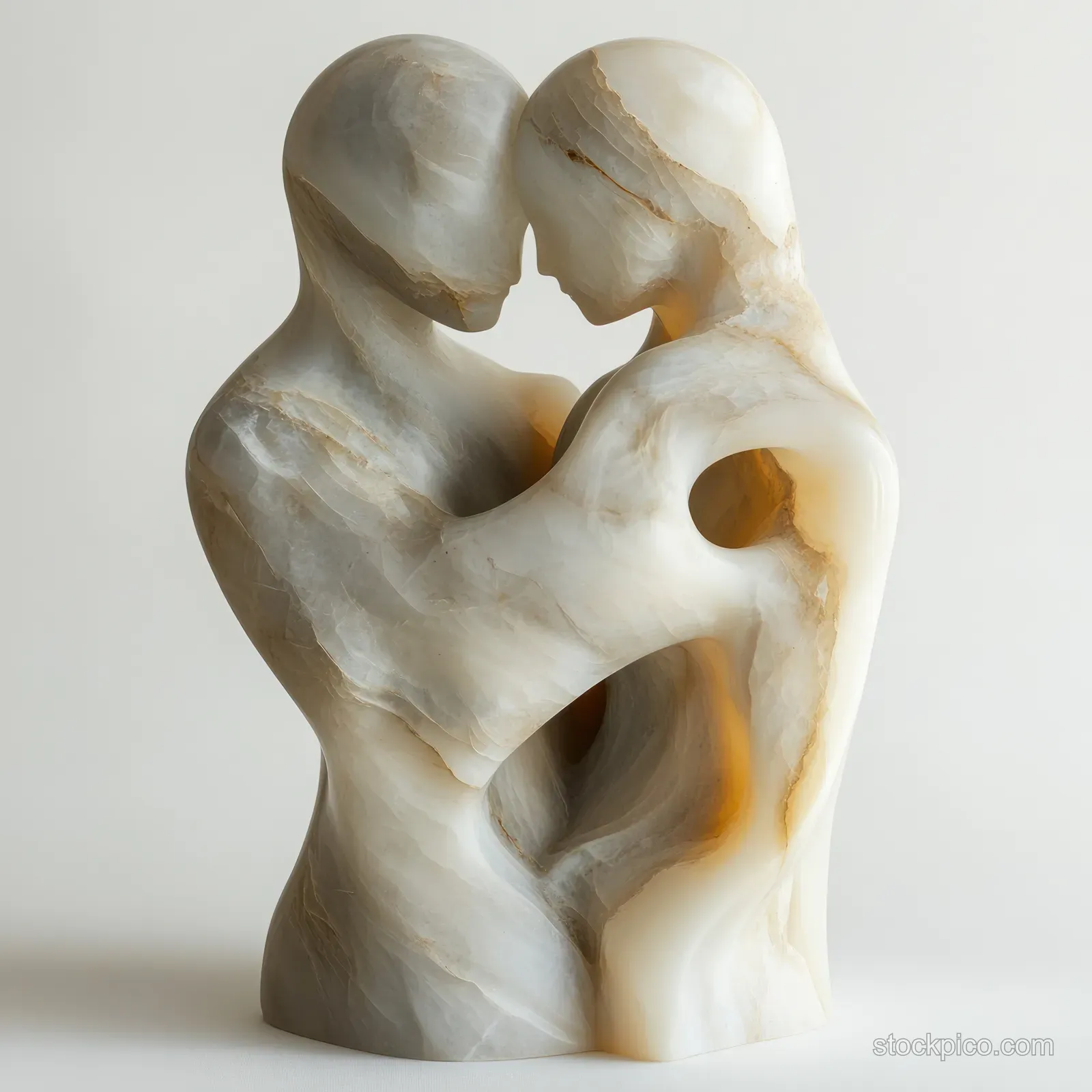 White marble sculpture of two figures embracing in a tight pose under soft natural light on a neutral background.