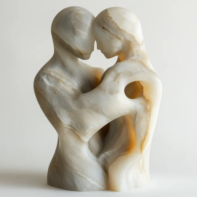 White marble sculpture of two figures embracing in a tight pose under soft natural light on a neutral background.