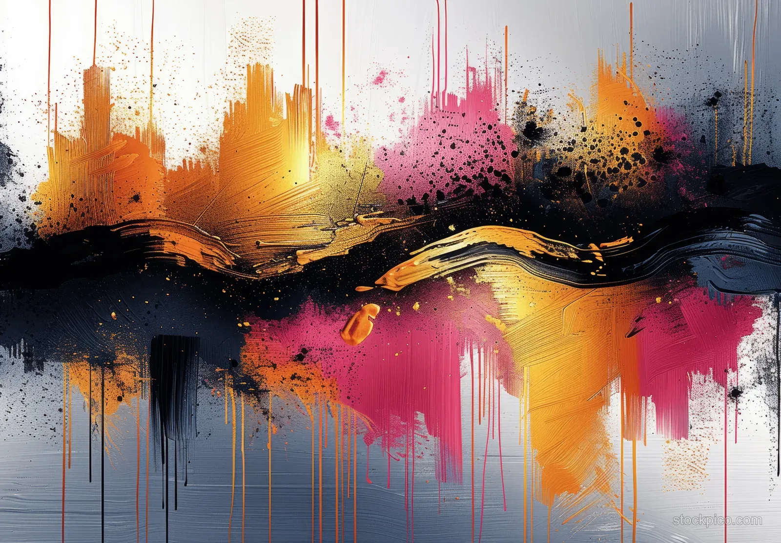 Abstract artwork with vibrant brush strokes, colorful powder splashes, and dripping paint across a textured background.