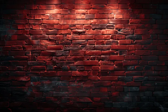 Close-up of a red brick wall with irregular brick patterns lit by soft warm light and shadows.