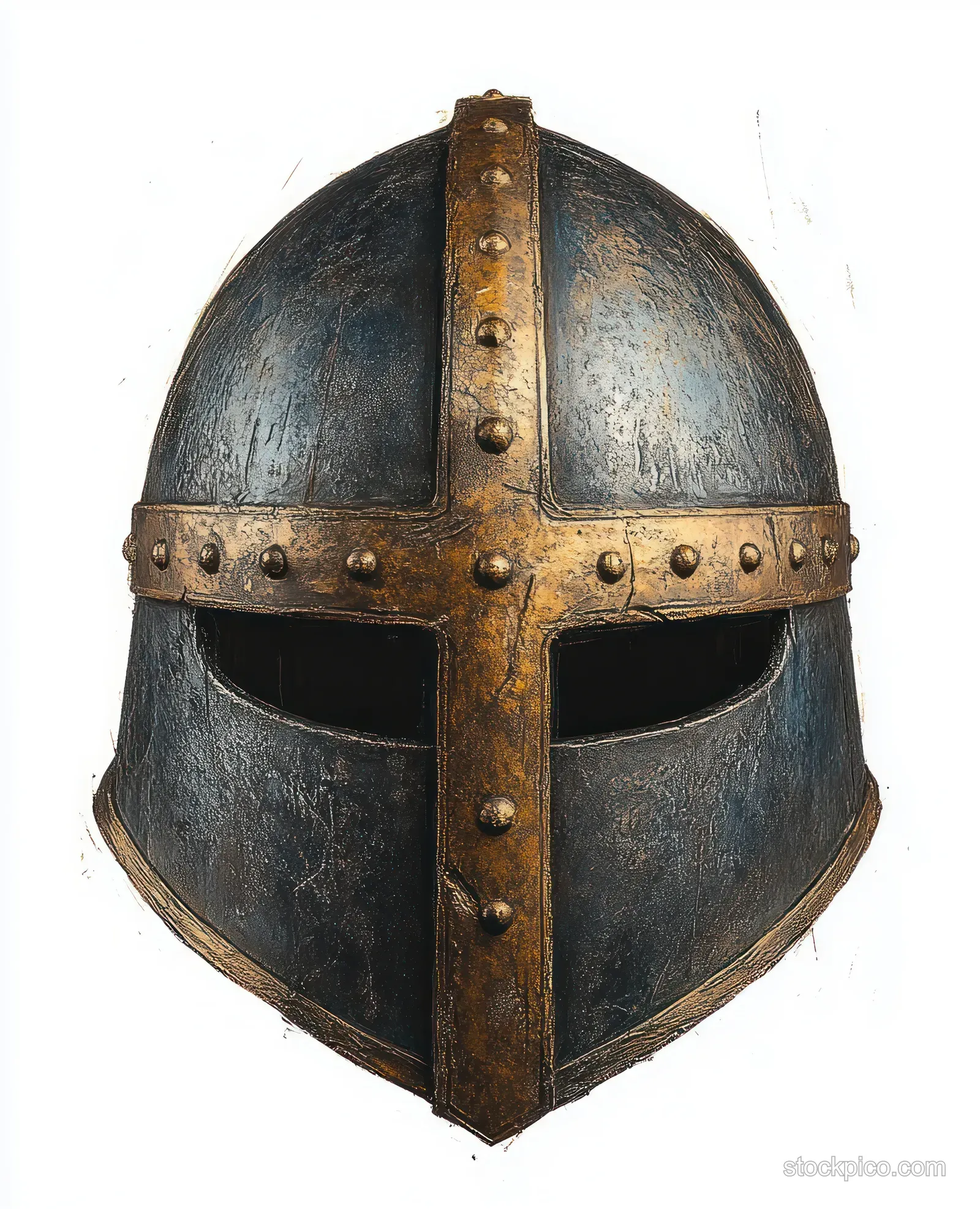 Weathered medieval steel helmet front with a brass cross emblem, rivets, and worn metal surface.