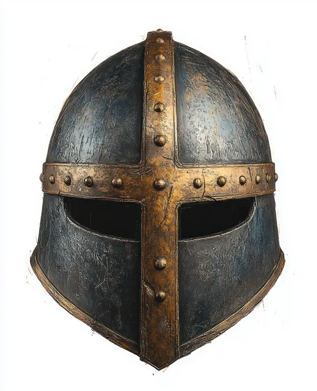 Weathered medieval steel helmet front with a brass cross emblem, rivets, and worn metal surface.