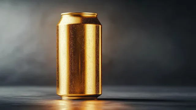 A gold beverage can covered with condensation droplets stands on a reflective surface against a dark blurred background.