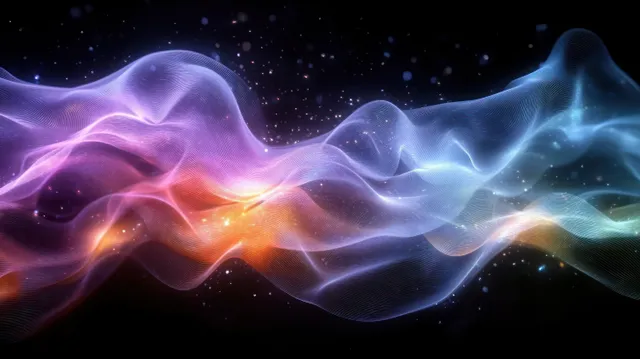 Abstract purple-orange-blue particle wave with glowing light trails flowing across a dark starry background.