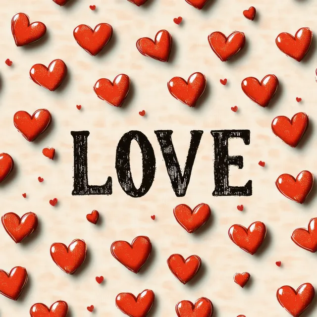 Shiny red hearts scattered around bold black LOVE text on a light textured background.