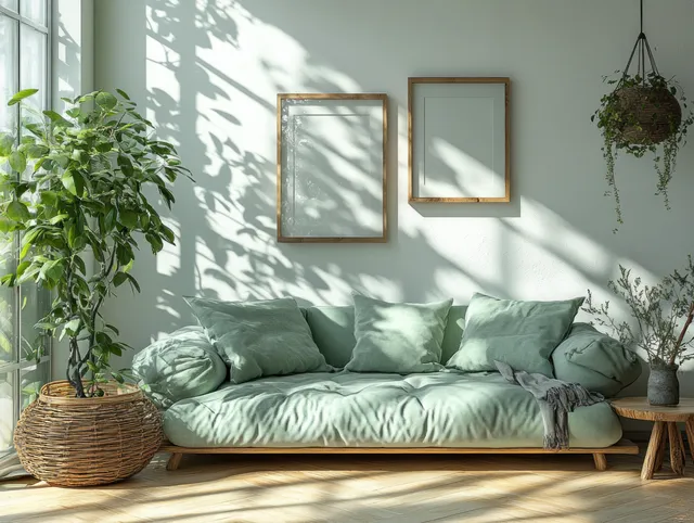 Green velvet sofa sits in a bright minimalist room beneath empty picture frames and leaf-shadow light.