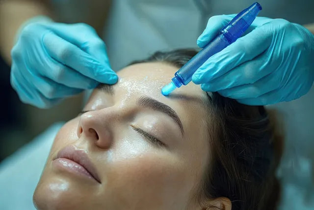 Gloved hands hold a microneedle injector performing mesotherapy on a patient’s face under sterile light.