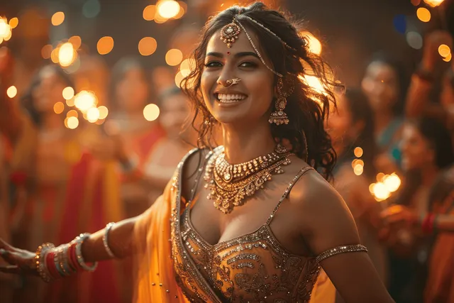 Smiling woman in ornate sari jewelry stands at a festive gathering with warm blurred lights behind her.