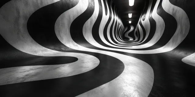 Monochrome abstract geometric waves forming an optical illusion tunnel in black and white