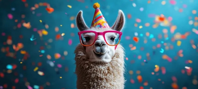 A playful alpaca in a party hat and sunglasses stands against a blue background with colorful confetti.