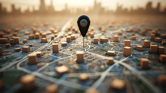 3D city map with GPS pin, geofencing rings, and floating location blocks over blurred streets.