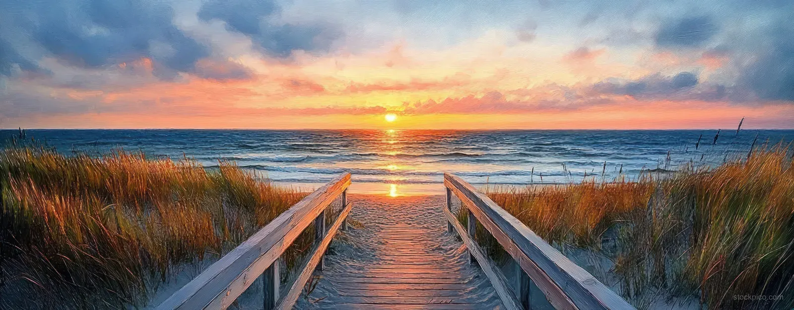Wooden walkway extends through sandy dunes to the North Sea as the sun sets behind the horizon.