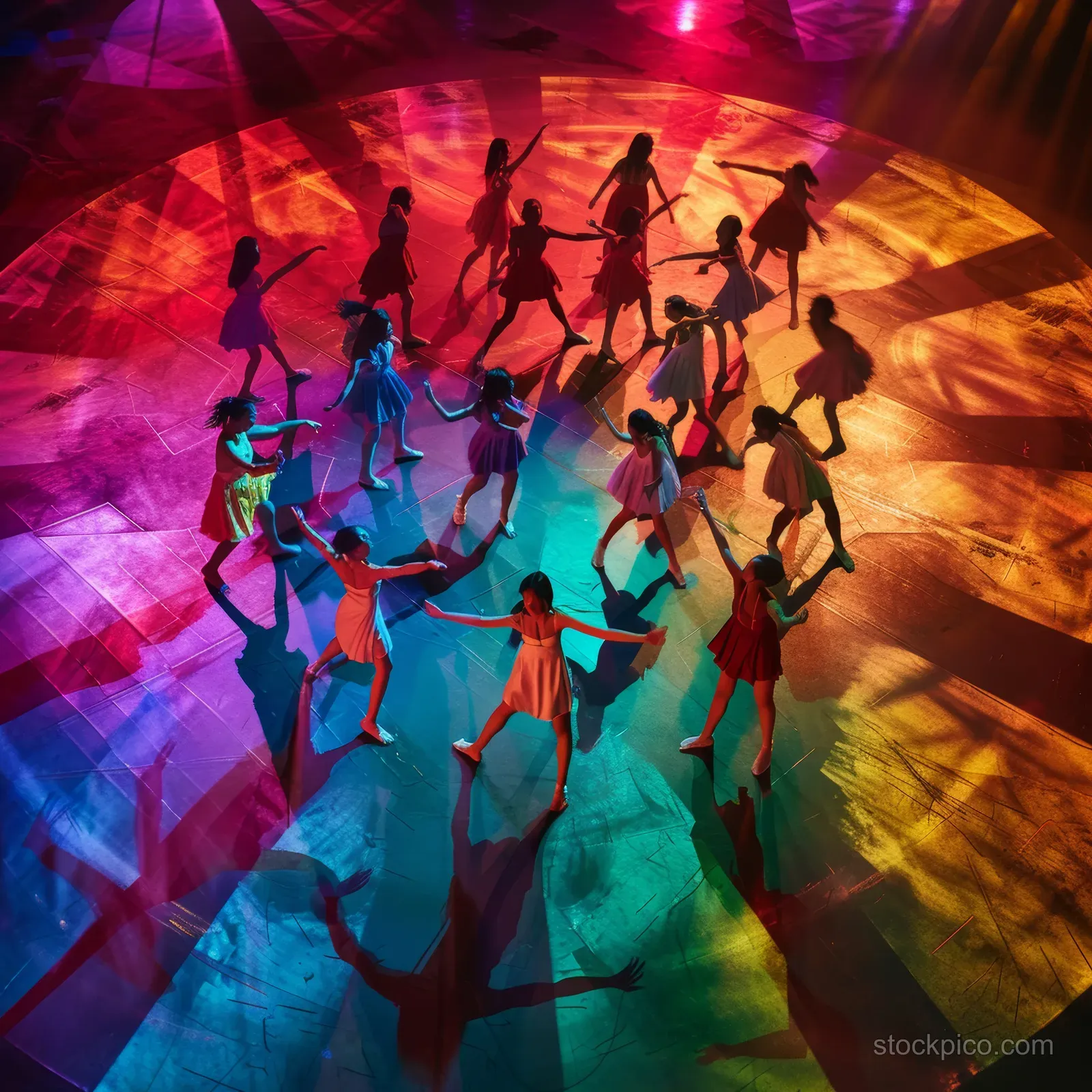 Female breakdancers crowd a circular stage, performing poses under neon red and orange spotlights.