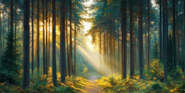 Sunlight beams through tall pine trees over a quiet forest path.