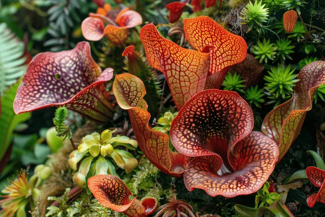 Red pitcher carnivorous plants with veined, ear-like leaves grow among moss and small tropical foliage in a terrarium.