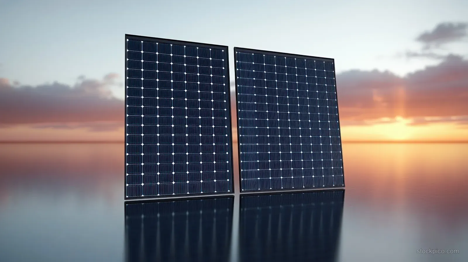Solar panels reflect a vivid sunset over calm water, illustrating a serene scene of clean energy generation.