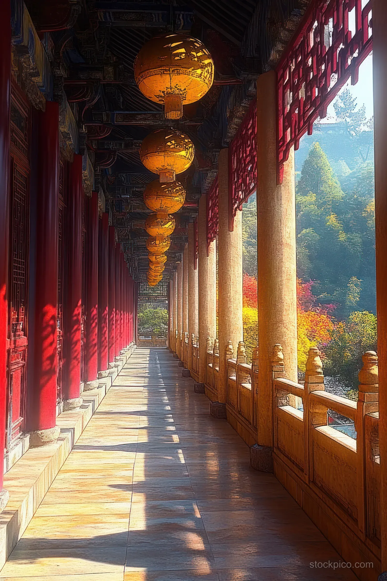 Sunlit traditional corridor with red pillars and hanging lanterns overlooking autumn trees and distant hills.