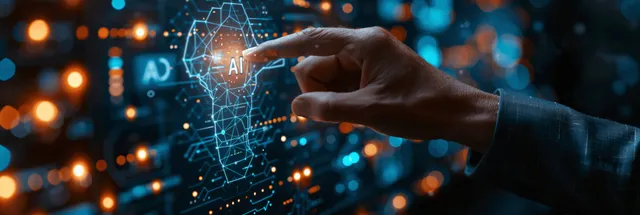 Businessman gestures toward glowing AI hologram charts over a digital network background