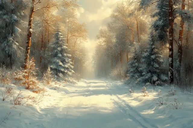 Snow-covered path through a pine forest with sunbeams glowing between frosted tree branches.
