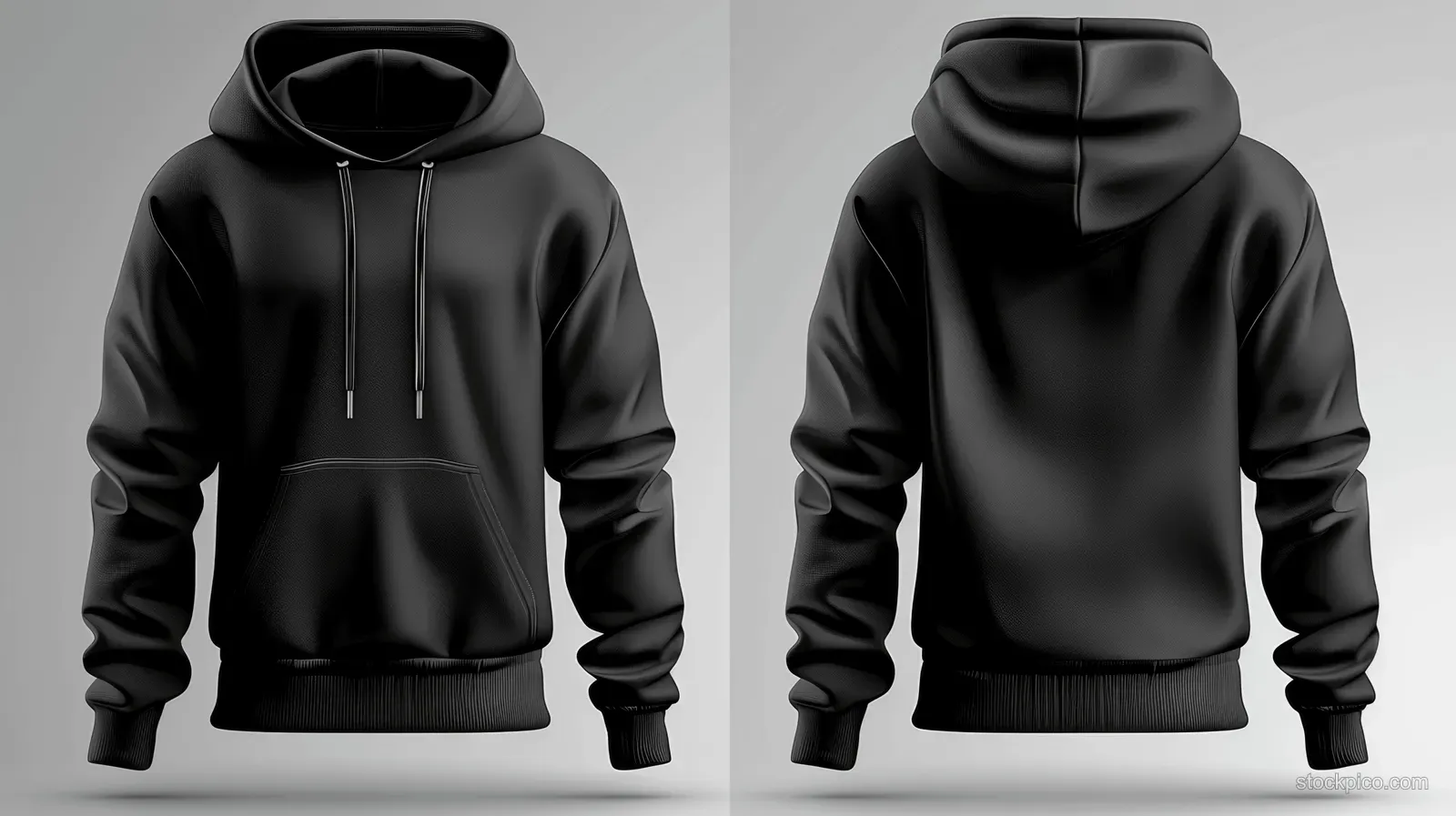 Black hoodie mockup front and back views isolated on a white background, showing hood and drawstring details.