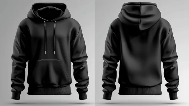Black hoodie mockup showing front and back view isolated on white background