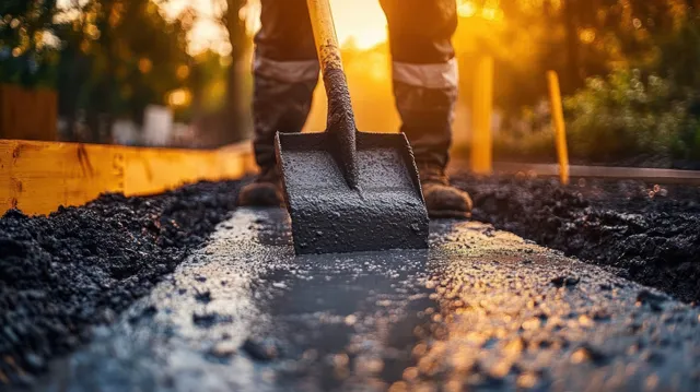 Worker uses a shovel to spread asphalt on a road at sunset, with orange light and gravel texture visible.