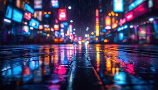 Rainy night city street with wet pavement reflecting neon lights and blurred skyline