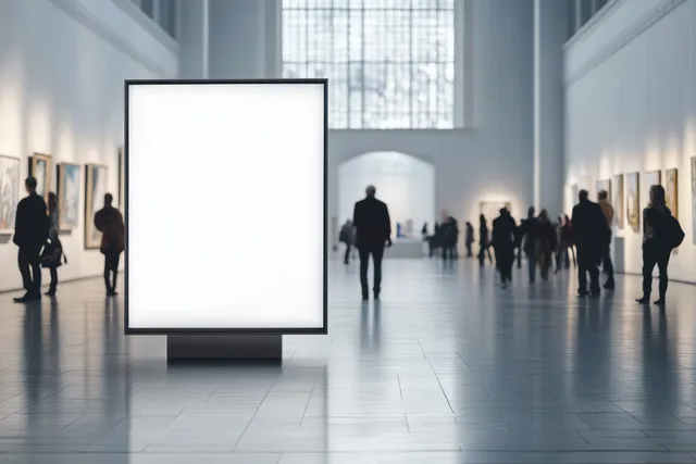 A blank illuminated poster board in a modern art gallery hallway with visitors silhouetted and large windows in the background.